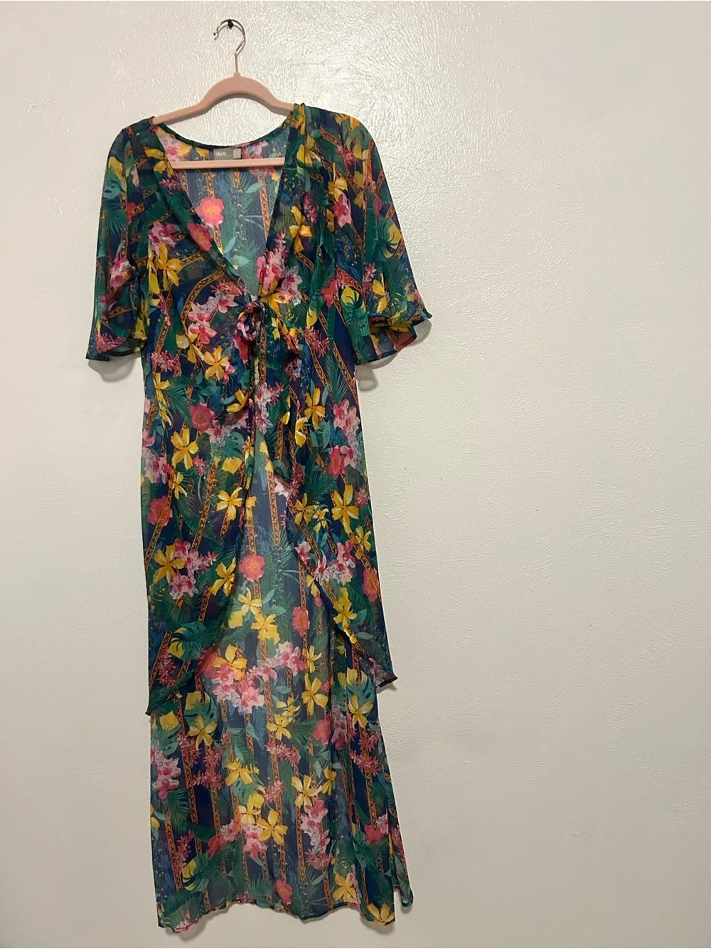 ASOS Green Sheer Floral Tie-Front Pareo dress with Pink & Yellow Blooms